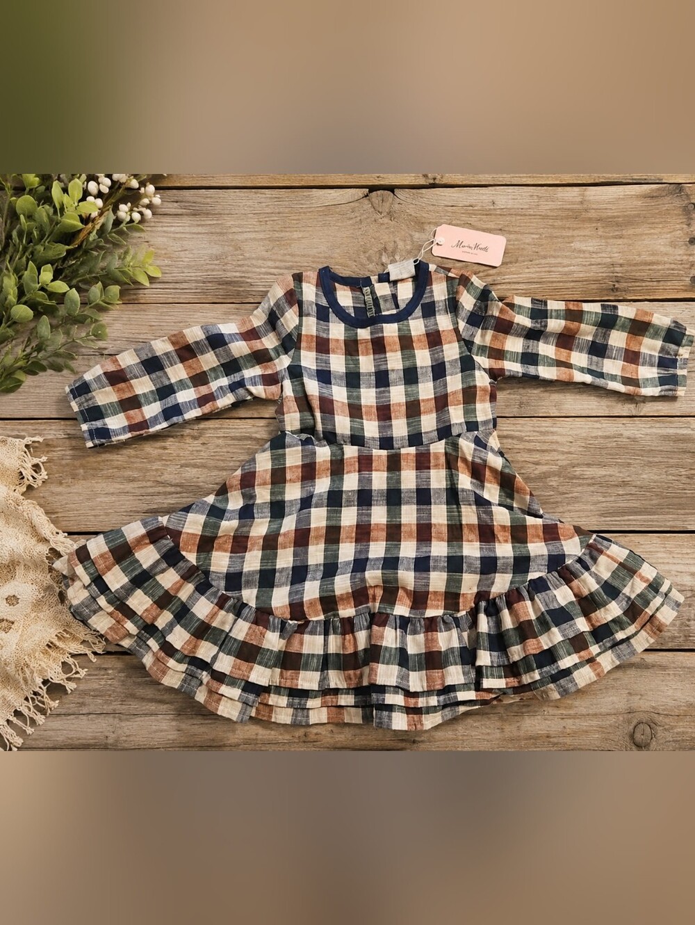Marie Nicole Vintage Plaid Ruffle Hem Long-Sleeve Dress - Navy, Brown, Cream